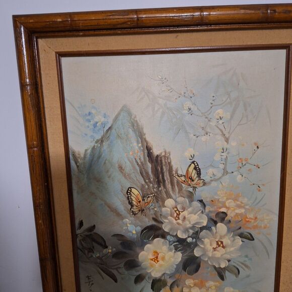 A Vintage Japanese Painting on Canvas Framed Artwork Floral Butterfly - Picture 7 of 16